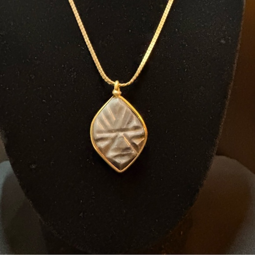 Aztec Warrior Mask Obsidian Pendant in Brass